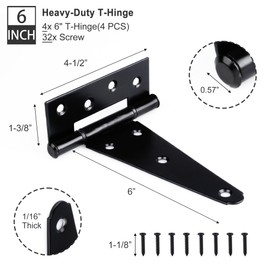 Auxdee Black T-Strap Shed Door Hinges Heavy Duty, Barn Door Hinges with Screws, Tee Hinges for Wooden Fences, Yard, Patio Door, Wrought Hardware Iron Rustproof (6 Inch, 4 Pack/Set)