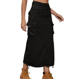 Women's Denim Cargo Long Skirts High Waist Elastic Waisted Pencil Skirt Midi Length Jean Skirt with Cargo Pockets Black Large
