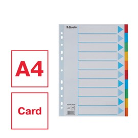 Esselte A4 Card File Dividers. 10 Parts Coloured Folder Dividers with identification front sheet, for Ring Binders and Lever Arch Files. Made from durable, recycled card