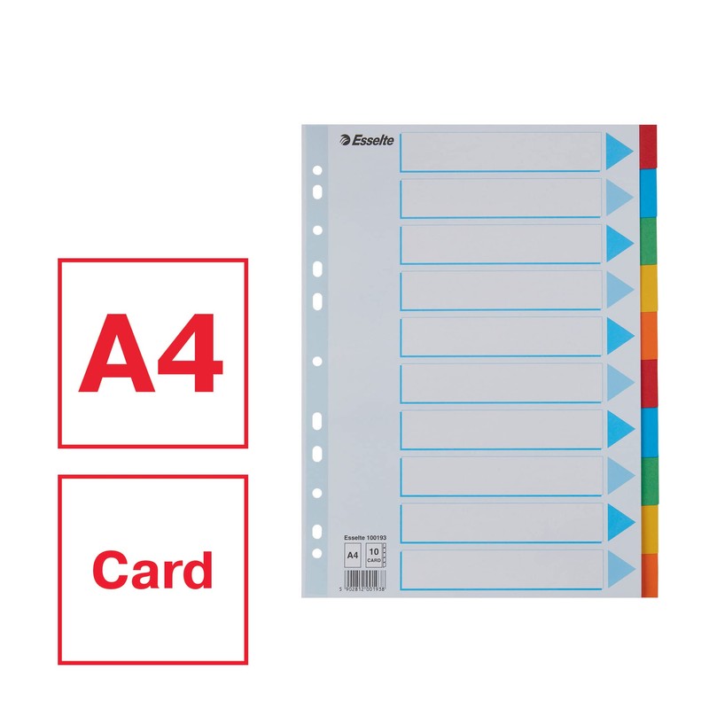 Esselte A4 Card File Dividers. 10 Parts Coloured Folder Dividers