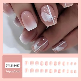 Short Press on Nails Square Shape Fake Nails, LPOODDNU 24 Pcs Gradient Glue on Nails with White Butterfly Designs Cute White False Nail Tips Pink Stick on Nails Kit
