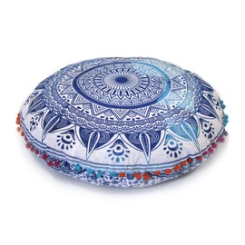Round Mandala Floor Pillow Cover Seating Cushion Throw Cover Hippie Decorative Bohemian Ottoman Pouf Cover, Pom Pom Pillow Cases,Boho Indian 22 Inches (White and Blue)