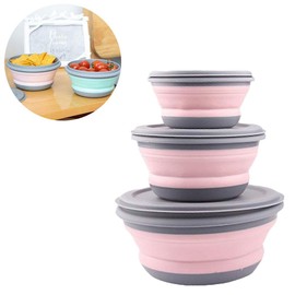 Razatik Folding Bowl with Lid, 3 Pieces, Camping Foldable Bowl, Portable Salad Bowl, Food Storage Boxes, Round Food Storage Container for Camping, Hiking, Kitchen, School, Outdoors (Pink)