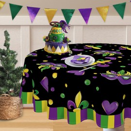 Tailus Mardi Gras Round Tablecloth 60 x 60 Inch, Fleur De Lis Mask Love Hearts Decorative Table Cloth Dining Table Cover, New Orleans Carnival Masquerade Dinner Party Picnic Decoration
