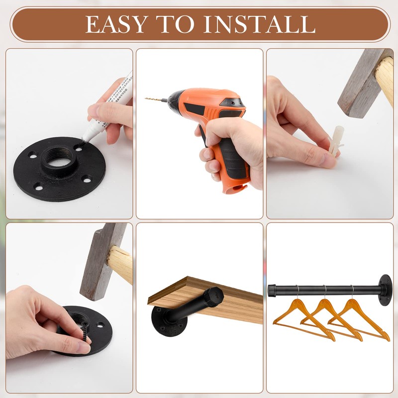 Hoteam Set of 12 Industrial Pipe Shelf Brackets Black Iron