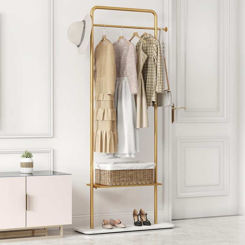 KaKaBB Gold Clothing Rack with Shelves, Coat Racks Freestanding with
