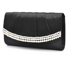 Plex 3-Way Pearl Beaded Clutch Bag, Party Bag, Women's, Pleated Lace, black (pleated type)