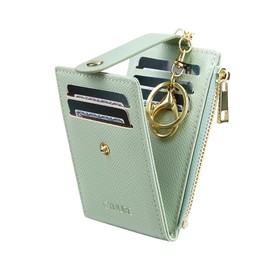 Cynure Women & Men Leather RFID Blocking Card Holder Slim Small Zipper Keychain Front Pocket Wallet with 2 ID Window, Light Green, One Size, Minimalist