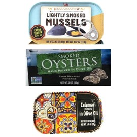 Seafood Bundle Calamari in Oil, Smoked Oysters and Lightly Smoked Mussels Ready to Eat (3 Cans, Calamari, Smoked Oysters, Lightly Smoked Mussels)