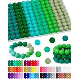 160PCS FIVEIZERO Silicone Beads, 15mm Mix Color for Keychain Making, Rubber Beads for DIY Crafts, Bracelets, and Necklaces - Silicone Beads Bulk, Round Silicone Beads for Pens(Green)