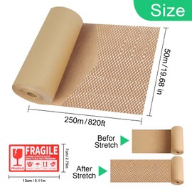 CUALFEC Honeycomb Packing Paper Roll - 19.68'' x 820ft, 200 Fragile Stickers Included | Wine Box, Artwork & Glassware Protector | Heavy-Duty Cushioning Wrap for Shipping, Moving & Gift Packaging