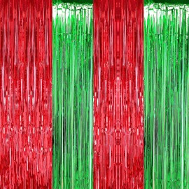 Mienocol 4 Packs Christmas Tinsel Foil Fringe Curtains 3.2ft x 6.5ft Red Green Fringe Curtains Streamers Backdrop for Christmas Party Photo Backdrops Props Christmas Theme Decorations