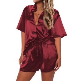 Ekouaer Lounge Sets for Women Silk Satin Pajamas Short Sleeve Sleeping Wear Drawstring Pjs Shorts Set Gift Bridal Wine,XX-Large