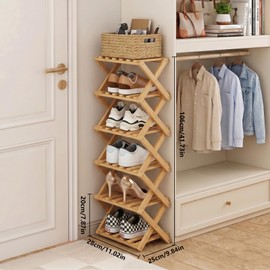 Beuway Narrow Shoe Rack, Foldable Bamboo Shoes Shelf for Small Spaces, Multifunctional Vertical Shoe Organizer Tall for Entryway, Closet, Corner, Bedroom, Hallway (Wood Color, 6 Layers)