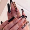 JUSTOTRY 24 pcs Leopard Fake Nails Long with Pearls,Black French