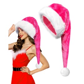 Hikkcos Christmas Pink Santa Hat Plush Santa Hat for Woman Velvet Comfort Xmas Hat for Christmas New Year Festive Holiday Party