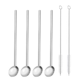 QUARKZMAN 4 x Stainless Steel Straws Spoons 7.7 Inch Reusable Metal Drinking Straw Spoon with Cleaning Brushes for Milkshake Drinks Cocktail Silver