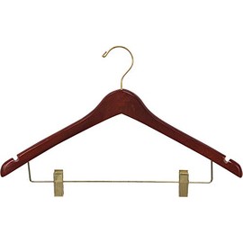 The Great American Hanger Company Curved Wood Combo Hanger w/Adjustable Cushion Clips, Box of 100 17 Inch Wooden Hangers w/Walnut Finish & Brass Swivel Hook & Notches for Shirt Jacket or Dress