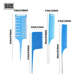 Hair Styling Comb Set - Highlighting Professional Metal Rat Tail Comb, Teasing Comb for Dyeing, Foiling Comb for Hairstylist Barber and Home Use (4 Pcs Blue)