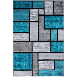 HADBA Turquoise & Gray Geometric 5x7 Area Rug – Modern Abstract Design, Soft Living Room Carpet, Stain-Resistant Floor Décor