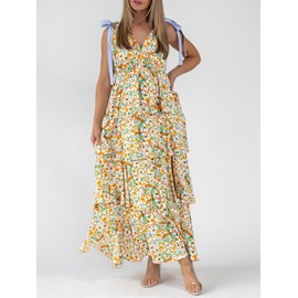 Wenrine Womens Summer Floral Maxi Dress Tie Strap Sleeveless V Neck High Slit Boho Ruffle Tiered Beach Dresses Yellow