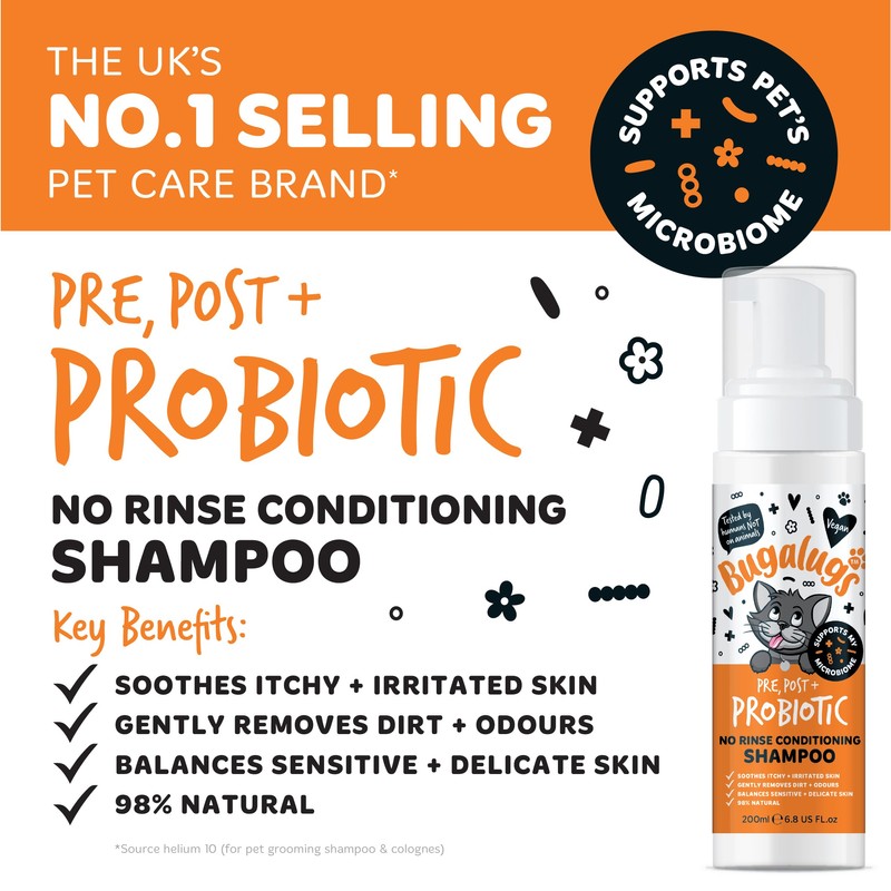 Bugalugs No Rinse Cat Shampoo for Itchy Skin with Prebiotics,