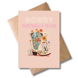 WBdesignz Howdy Birthday Babe with Envelope - Birthday Card for Women in Cowgirl Look - Vintage Western Style with Flowers & Cowboy Boat - Birthday Retro Western (A6)