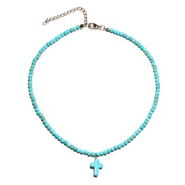 LittleFathand Natural Stone Cross Necklace for Women Men Boho Turquoise Beaded Chain Necklace Dainty Small Cross Pendant Necklace Christmas Jewelry Gift (03Blue)