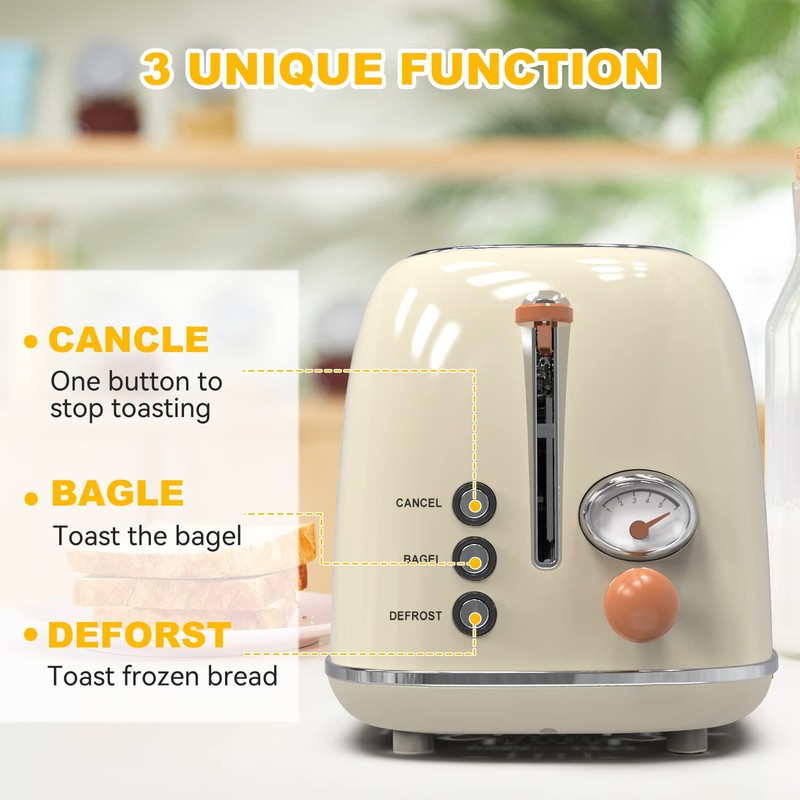 Toaster 2 slice, KitchMix Retro Stainless Steel Toaster with 6