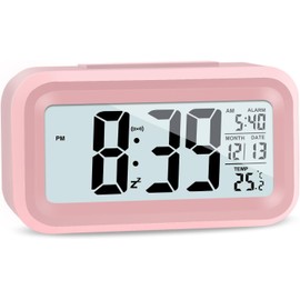 Hooporia Alarm Clocks for Bedrooms,Digital Alarm Clock with LCD Screen,Snooze,12/24H,Battery Operated for Heavy Sleepers Adults Desk Travel Office (Pink)