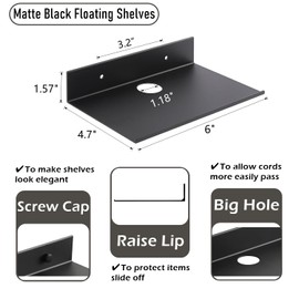 Z metnal Small Floating Shelves, Mini Speaker Shelf, Small Wall Mount Metal Shelves with Cable Clip, Display Shelf for Cameras Monitor Routers, Matt Black, 6 inch, 2 Pcs