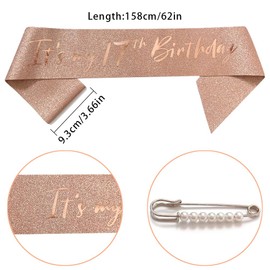 17th Birthday Sash Birthday Girl Birthday Crown Ladies Hairpin Princess Hair Accessories Rose Gold Birthday Sash Tiara Crown for Happy Birthday Party Supplies Decorations