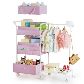 Baby Diaper Caddy Organizer - 3 Tier Rolling Cart with Kids Clothing Rack, Mobile Utility Cart with Dividers and Drawers, Large Capacity Storage Cart for Crib Nursery, Bedroom, Changing Table (Pink)