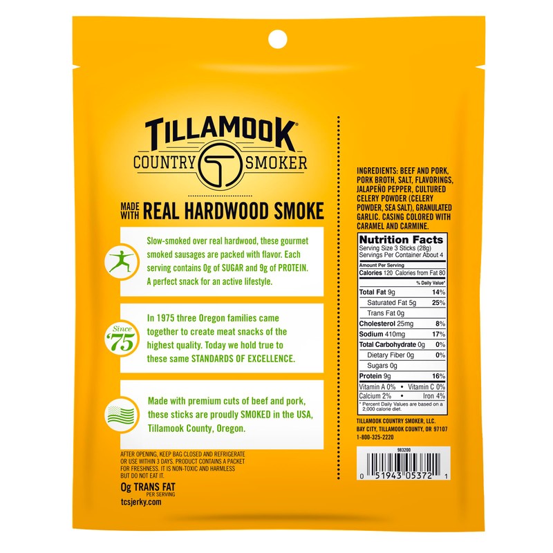 Tillamook Country Smoker Smoked Sausage, Zero Sugar, Spicy Jalapeño, 4