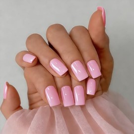 SXVME Uñas postizas acrílicas naturales con pegamento para mujer, uñas postizas de gel suave y brillante, uñas postizas reutilizables, 28 unidades, co