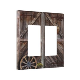 Vintage Rustic Farmhouse Brown Wood Barn Door Double Rocker/Decora Outlet Covers Plate 2 Gang Light Switch Cover Decorative Gfci Wall Plate Electrical Switchplate Faceplate for Country Bathroom Decor
