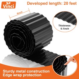 Vinci Garden Landscape Edging Border, 8 Inch x 20 FT Corrugated Sturdy Metal Easy Installation Safe Hemmed Lawn Garden Border Edges for DIY Flower Beds, Pathways and Patio Design (Black)