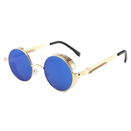 No Name Ltd Steampunk Victorian Industrial Cyberpunk Goggles, Metallic Gold Frame, Blue Mirrored Lenses, Oval Sunglasses