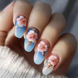 TBRZTR Flower Press on Nails Medium Almond Shaped Pink Floral Pattern Design Spring Summer Fake Nail Full Cover Glossy Acrylic Artificial Fingernails Reusable Blue Glue on Nails for Women 24Pcs