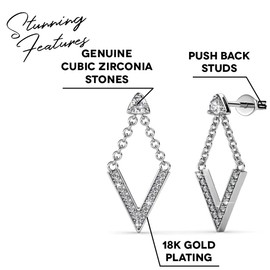 Cate & Chloe Francesca Incredible White Gold Drop Earrings, 18k White Gold Plated V Shape with Crystals, Stud Earring Set with Dangling V, Dangle Earrings w/Crystal