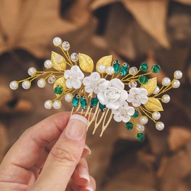 IYOU Flower Wedding Hair Comb Green Crystal Bridal Headpiece Pearl Guest Bride Hair Accessories for Women
