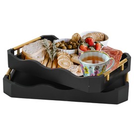 2 Pack Bamboo Trays with Handles - Decorative Stackable Ottoman & Serving Trays for Coffee Table, Breakfast in Bed, Couch Snacking, Home Decor (Black)