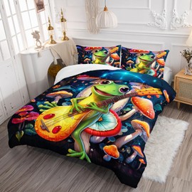 Ntlfup Cute Frog Guitar Comforter Set Twin Size, Botanica Mushroom 3 Piece Bedding Set for Kids, Cartoon Comforter for Room Decor