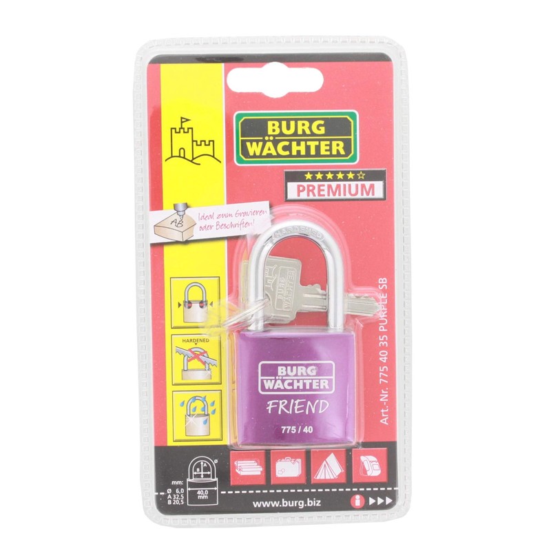 BURG-WÄCHTER Cylinder Padlock 775 40 Friend 35 Green, Aluminium, Purple