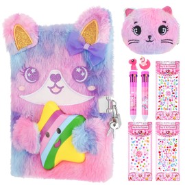 Candcamp Secret Diary for Girls with Lock and Keys,Kids Journal School Travel Notebook Gift Set for Writing and Drawing,Multicolored Pen,Stickers,Birthday Gift for Girls Purple Cat