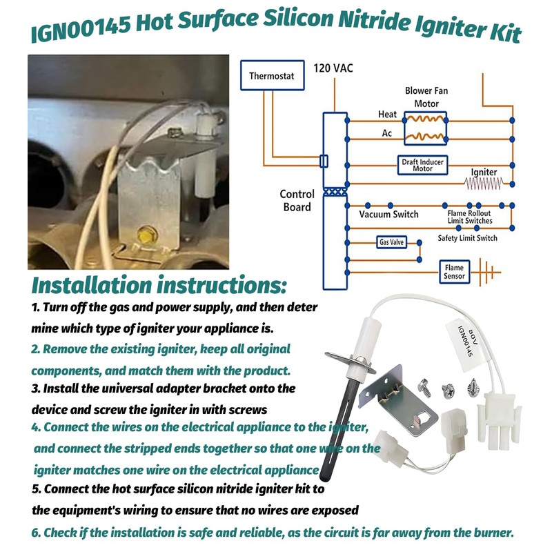 80 Volt IGN00145 Furnace Ignitors Fits Trane IGN145 with Mounting