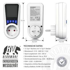 CSL Energy Cost Meter Power Cost Meter Power Consumption Meter - Backlit Display - Max 3680 Watt - 4 Buttons - Power Meter for Socket