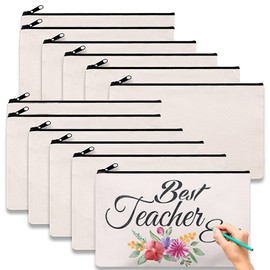 AISHOW Pack of 12 DIY Blank Fabric Bags with Zip Fabric for Painting Cosmetic Bag Fabric Pencil Case Small for Storage Stationery and Travel Cosmetic Bags, beige