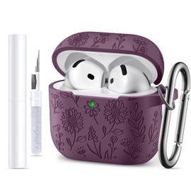 GEAK Funda para Airpods 4 - Fundas Protectora de Silicona con Flores Grabadas, Incluye Kit de Limpieza y Llavero Compatible con Airpods 4 Case 2024 para Mujer, Cerezo Oscuro