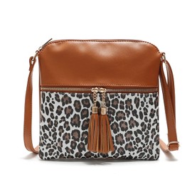 FAIRYSAN Leather Crossbody Vintage Sling Handbag Bag Leopard Crossover Bag with Tassel for Women, brown